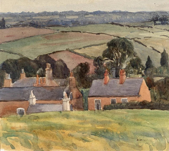 Aquarelle Originale Harry Walter Yorke – Paysage Bassingfield Nottinghamshire – 1945