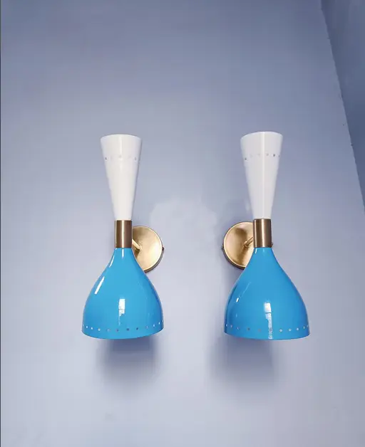 Coppia di applique da parete bianche/blu lucide, lampada Diabolo italiana...