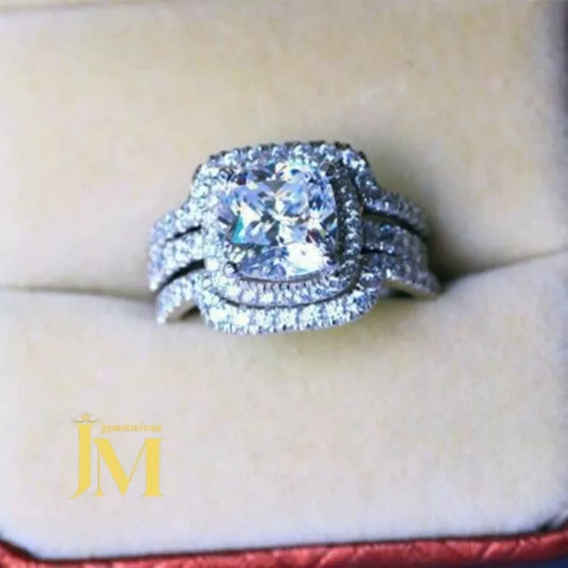 Moissanite Trio Set Engagement Ring Solid 14k White Gold 3 CT Cushion Cut VVS1