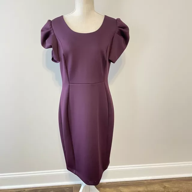 Calvin Klein Dress Size 6 Purple Neoprene Scuba Stretch Sheath Puffed Sleeve