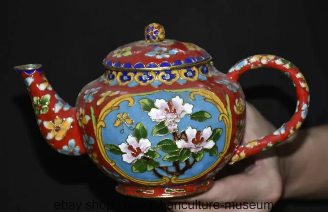 8" Old Chinese Copper red cloisonne Dynasty Palace flower pattern flagon Tea Pot