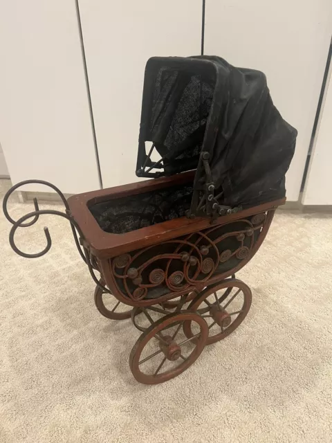 Victorian Ornate Wicker Baby Doll Buggy Stroller Carriage With Porcelain Doll