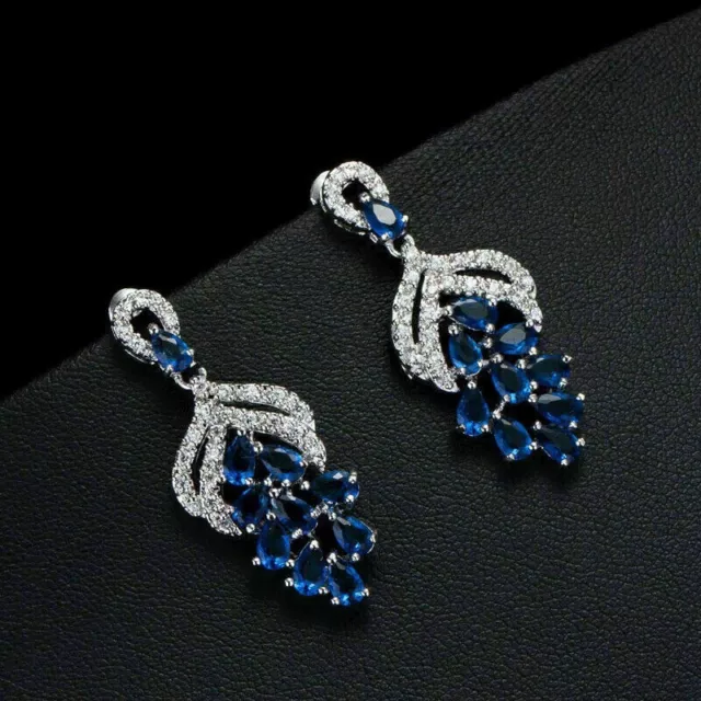 4Ct Pear Cut Lab Created Blue Sapphire DropDangle Earrings 14K White Gold Plated