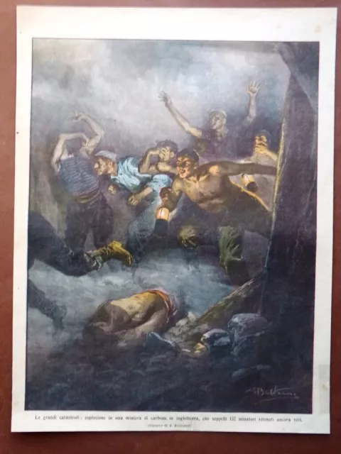 Retrocopertina Domenica Corriere nr. 21 del 1910 Miniera Carbone in Inghilterra