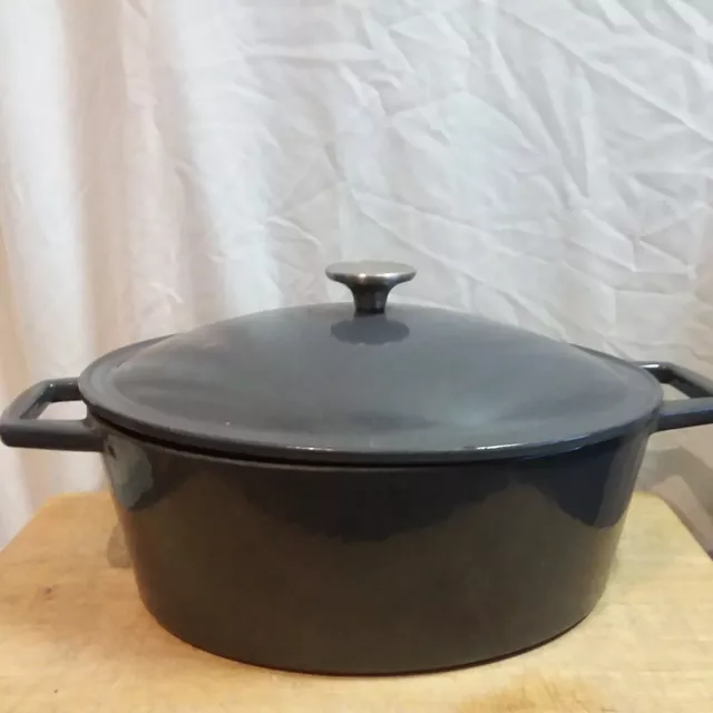 Gray Oval Cast Iron Enamel Dutch Oven Heavy Vintage F3