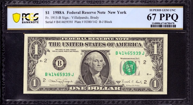 1988 A $1 Federal Reserve Note New York Fr.1915-B Bj Block Pcgs B Superb 67 Ppq