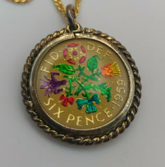 House Of Broomfield Hand Enamelled Six Pence Coin Pendant Boxed + Certificate 2