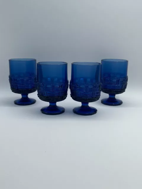 LE Smith Cobalt Blue Wicker Basket set of 4 Footed Glasses - 2 sets available