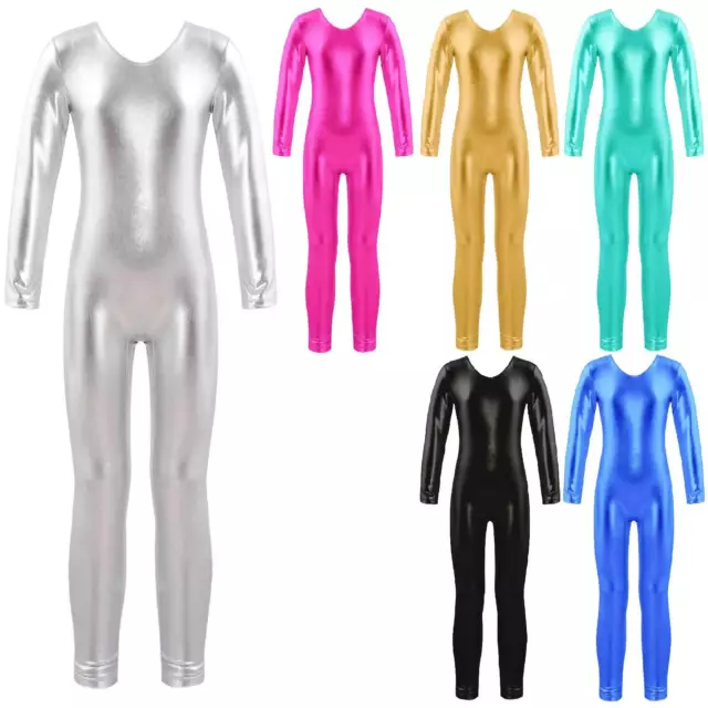 Kids Girls Shiny Metallic Long Sleeve Ballet Dance Gymnastics Leotard Jumpsuit