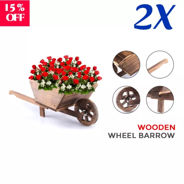 Garden Modern Wooden Wheel Barrow Planter Burnt Wood Flower Cart Ornamental Pot