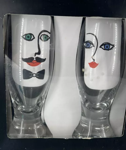 VTG Kosta Boda Sea Glasbruk Man & Woman Face Mid Centry Modern Barware Glasses