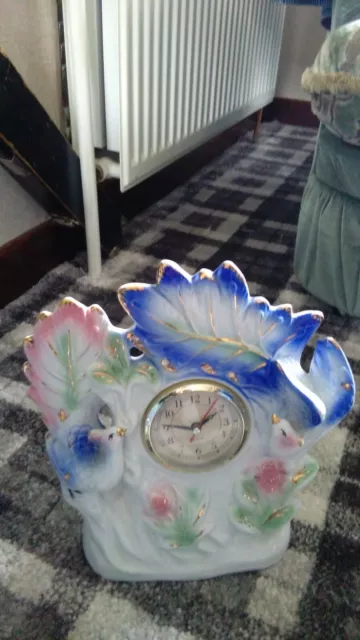 Pottery Ceramic  Mantle Clock With Birds And Flowers Battery Quartz