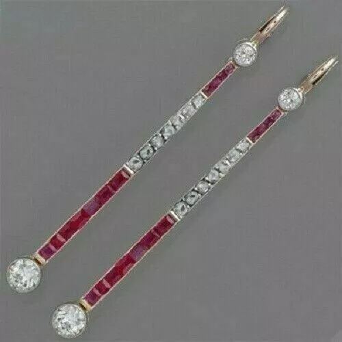 Antique Art Deco Ruby & Lab-Created Diamond 14K Yellow Gold Filled Drop Earrings