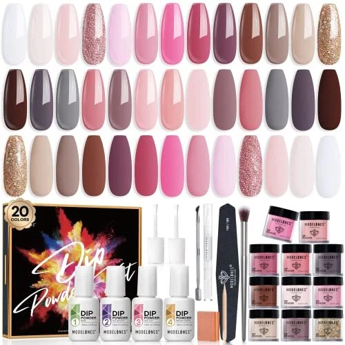 Kit de inicio de uñas en polvo de inmersión Modelones 32 piezas 20 colores desnudo rosa marrón brillo...