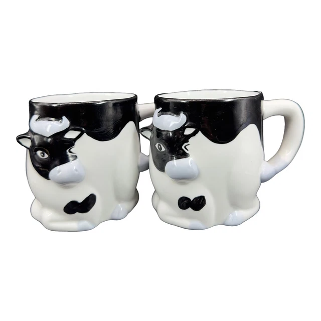 Vintage Ceramic Cow Coffee Cup Mug Set Painted Whimsical Figural 3D 3.5"T