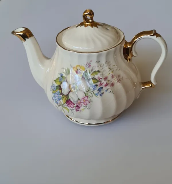 vintage Sadler porcelain Floral teapot For 1 with gold trim, swirl rib