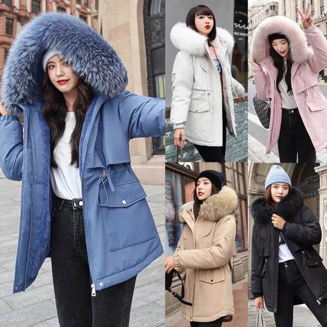 Women Fur Collar Jacket Outwear Lady Parka Hooded Fleece Padded Winter Warm Coat