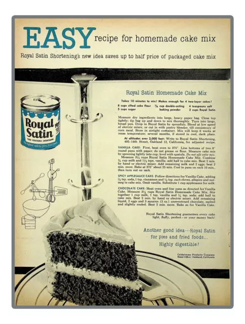 Royal Satin Vegetable Shortening 1954 with 3 Cake Recipes  Vintage Print Ad