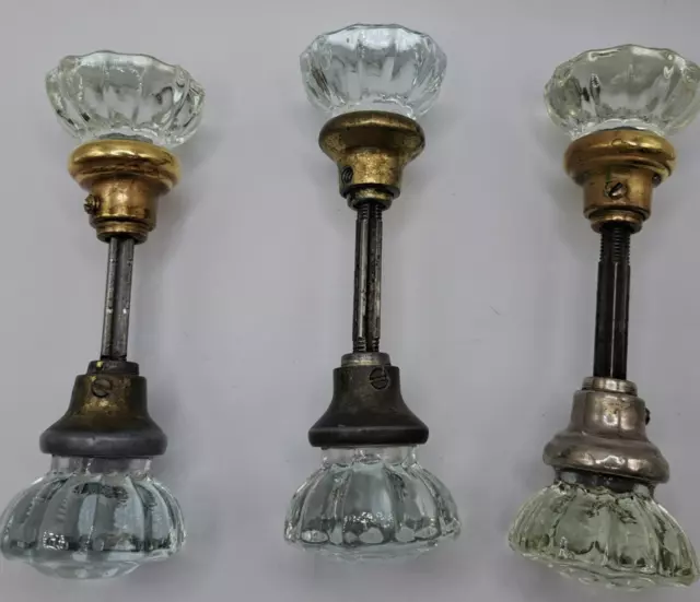 Lot of 3 Vintage Crystal Clear Glass Brass Door Knobs antique
