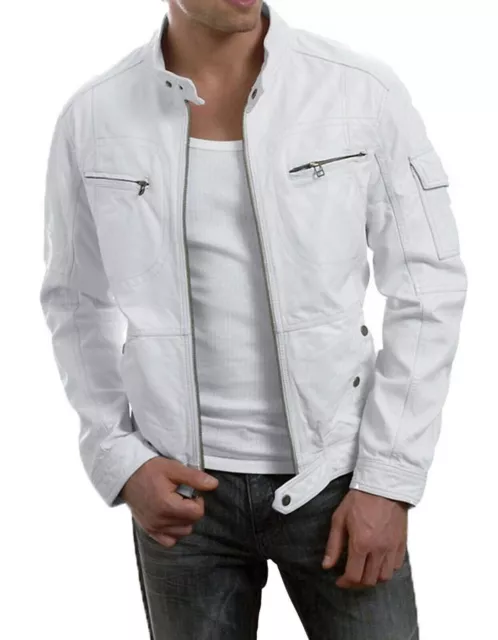 Men's  Slim Fit Biker Real Lambskin White Leather Jacket Coat