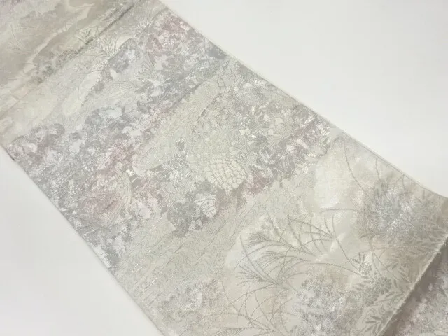 6309507: Japanese Kimono / Vintage Fukuro Obi / Platinum Foil / Woven Peacock