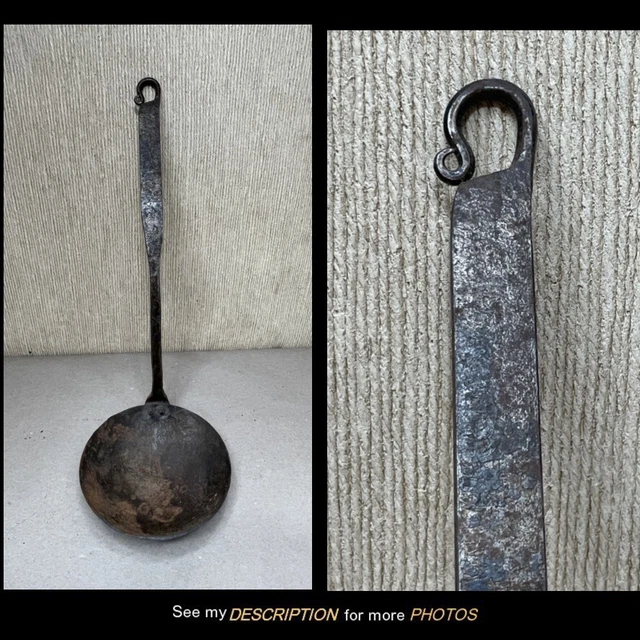 18C Primitive Hand Wrought Iron 14-1/2"L Cooking Ladle Rat Tail Handle AAFA