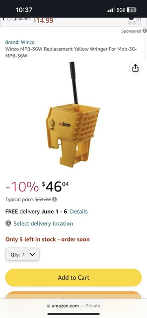 Winco - MPB-36W - Replacement Mop Bucket Wringer