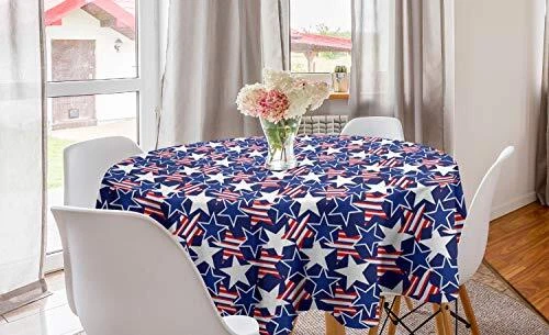 4th of July Round Tablecloth, Stars and Stripes 60" Royal Blue White and Red
