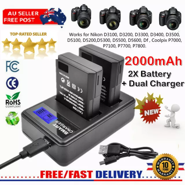 2X  EN-EL14 Battery+ Dual Charger for Nikon D3500 D5600 D3100 D5200 D5300 D3400