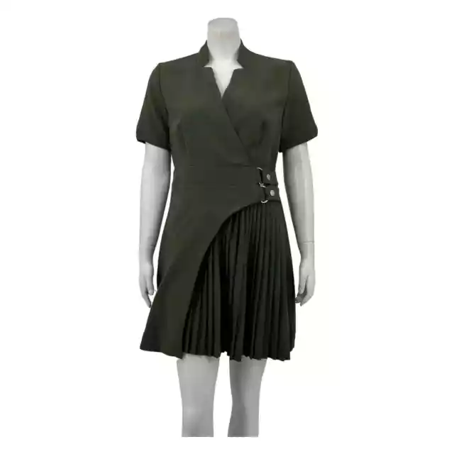 Karen Millen Womens Military Pleat Notch Neck Wrap Mini Dress US 8 Khaki Green