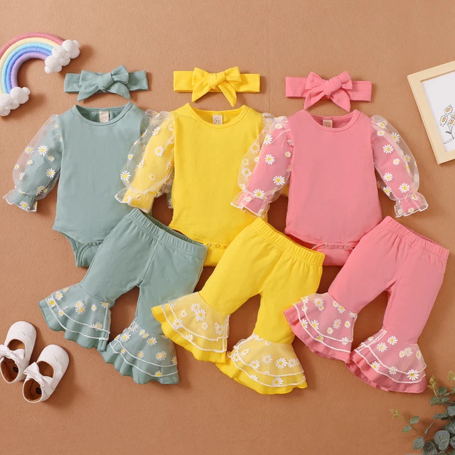 Newborn Baby Girls Romper Bodysuit Floral Pants Headband Clothes Outfits Set