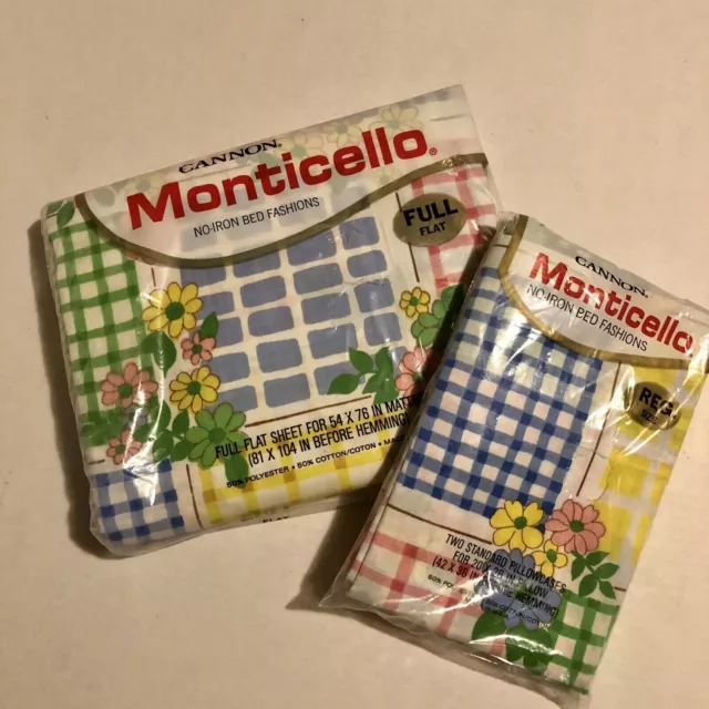 Cannon Monticello Full Sheet Set Checker Floral Pink Blue Retro 70s Grannycore