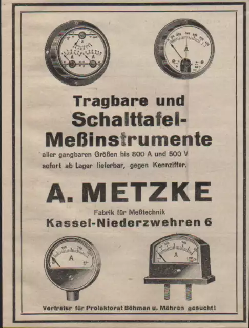 KASSEL, Werbung 1940, A. Metzke Schalttafel-Meßinstrumente