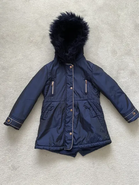 Ted Baker Girls Navy Blue Padded Quilted Warm Fur Trim Coat Age 9 Years