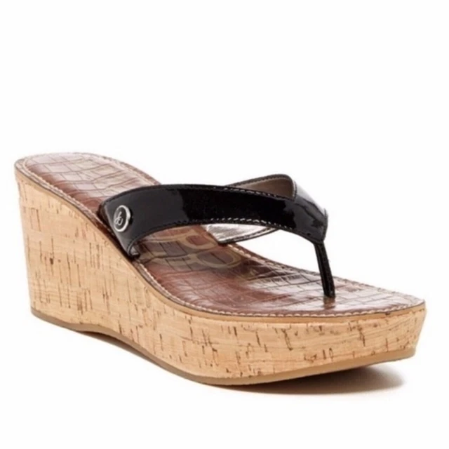 Sam Edelman Sandal Woman's Size 10 Black Leather Cork Wedge Thong Toe  ‘Romy’