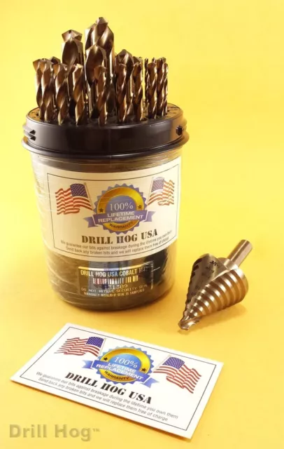 29 Pc Cobalt M42 Drill Bit Set 1/16-1/2" + 1-3/8 Cobalt Step Drill Drill Hog USA