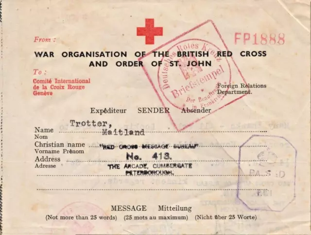 KGF-Post 2.WK GB/ GUERNSEY Rotes Kreuz, Deutscher Gefangener, Dez.1943