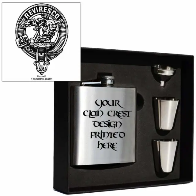 Art Pewter Maxwell Clan Crest 6oz Hip Flask Box Set (s) HF6 S-C84 Scottish