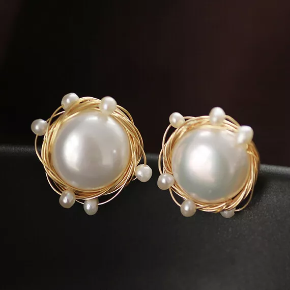 9-10mm Natural Freshwater Pearl Stud Earrings 14K Gold GP Earring Women Fashion