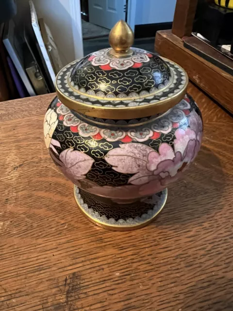 Beautiful Chinese Cloisonne Black Floral Bird Brass and Enamel Ginger Jar - 5”