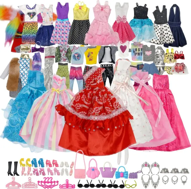 100PCS Barbie Clothes Doll Fashion Wear Clothing Outfits Dress up Gown Shoes Lot