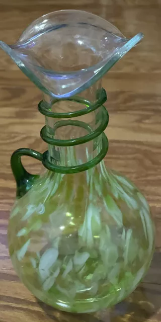 Vintage Green Art Glass Vase With Ruffled Lip Hand Blown Murano Style  Bohemian