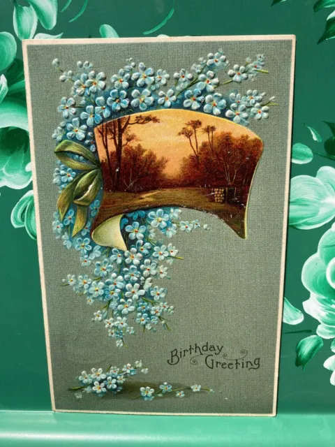 Birthday Greetings, Blue Flowers, Rural Scene, Canceled, Victorian Postcard