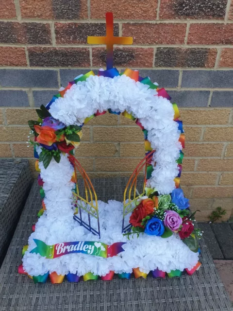 Rainbow Gates Of Heaven Grave Tribute  Artificial Silk Funeral Flowers Memorial