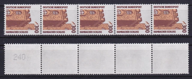 Bund 1348 Au RM 5er Streifen mit gerader neuer Nr. SWK 300 Pf weiße Gummierung