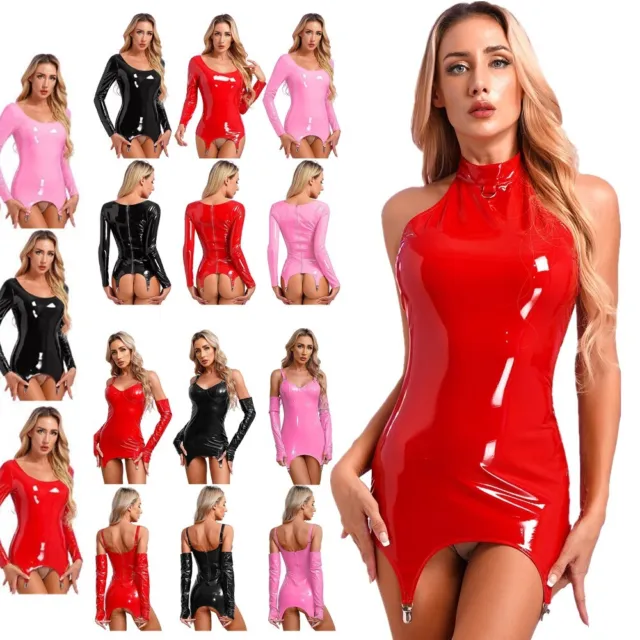 UK Womens Sexy PVC Leather Bodycon Dress Club Party Mini Dress with Garter Clip 2