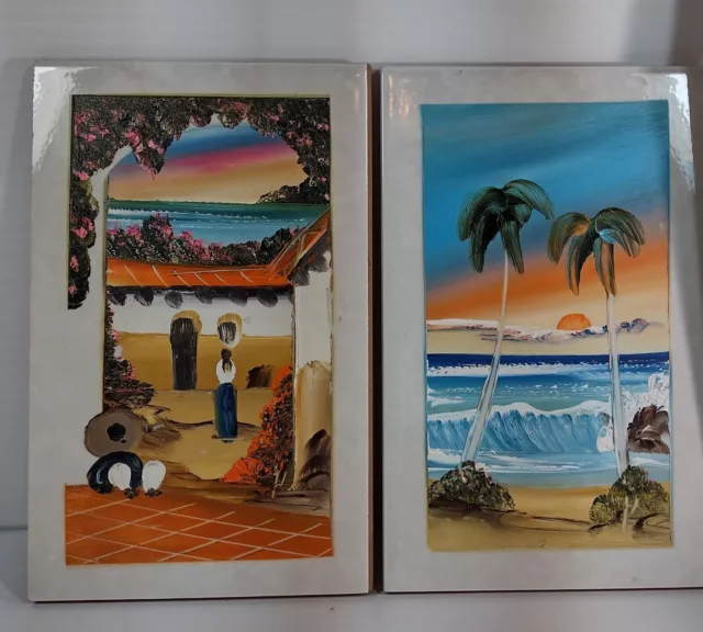 2 tiles Found Art Hand Painted 5x8 Pictoral Folk Art Made in Mexico