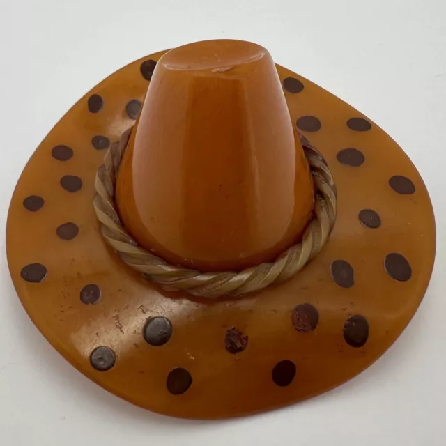 Rare Vintage Carved & Painted Butterscotch Bakelite Polka Dot Cowboy Hat Brooch