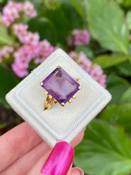 Vintage 3Ct Emerald Cut Lab Created Amethyst Wedding Ring 14K Yellow Gold Plated