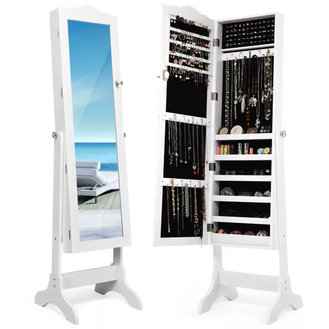 Mirrored Lockable Jewelry Cabinet Armoire Organizer Storage Box w/ Stand White